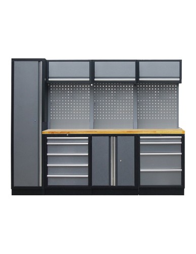PROFESSIONEEL GARAGE WANDSYSTEEM 3 RUGPANELEN+KAST MET HOUTEN WERKBLAD